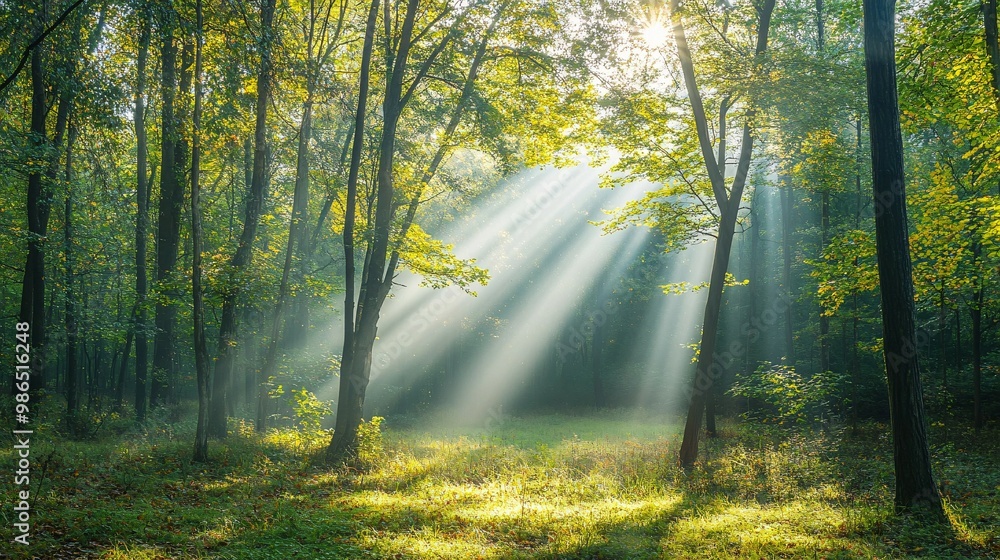 Fototapeta premium Sunbeams Filtering Through Trees in a Foggy Forest