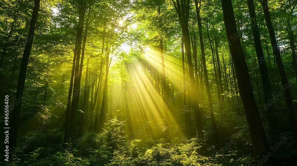 Obraz premium Sunlight streaming through a dense forest, illuminating the green foliage and creating a magical atmosphere.