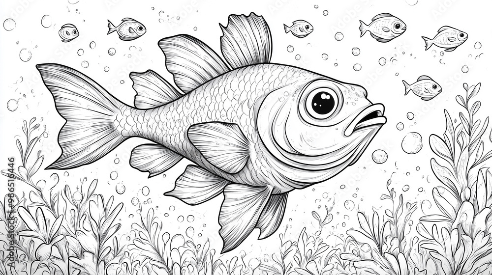 Stylized cartoon fish among small fish on a white background. Sketch for coloring.
Stylized cartoon fish among small fish on a white background. Sketch for coloring.