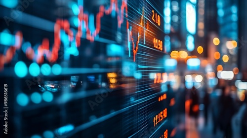 Stock market display with blurred city lights in background