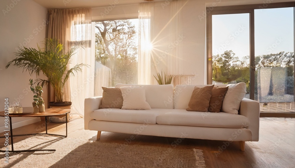 Sunlight shining through window of modern living room with white sofa Sunlight shining through window of modern living room with white sofa