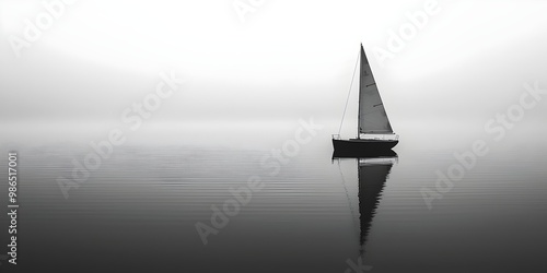 A sailboat on a still lake, shrouded in mist. The water reflects the boat in an ethereal image. photo