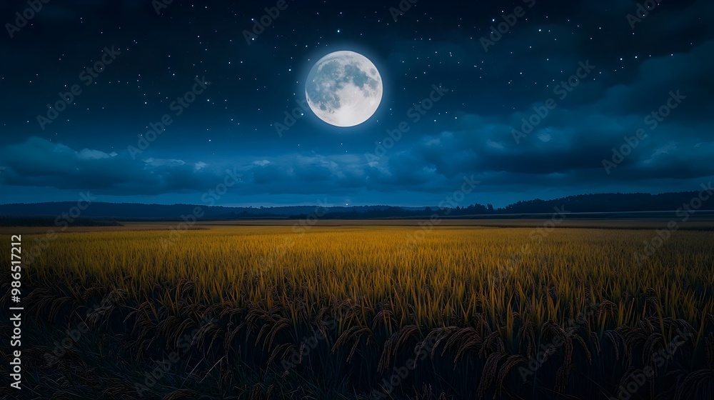 A large, full moon illuminates a field of tall grass under a star-filled sky. A large, full moon illuminates a field of tall grass under a star-filled sky.