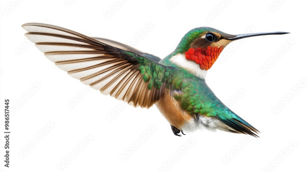Obraz premium Hummingbird in Flight with Wings Spread Isolated on White Background