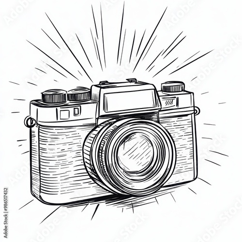 Continuous Line Drawing of a Camera with Flash Effects photo