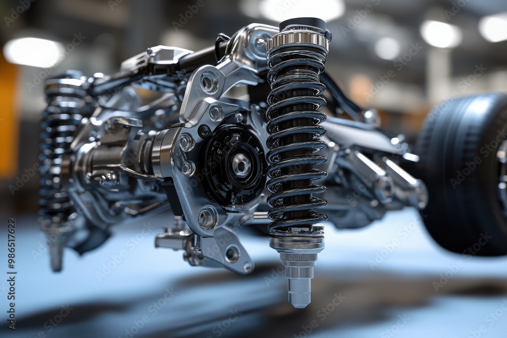 Fototapeta premium Closeup of Car Suspension System with Shock Absorber and Spring