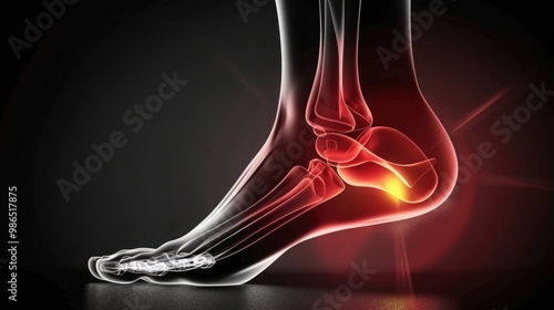 X-ray of a human foot with a highlighted red area on the heel, indicating pain or injury. photo