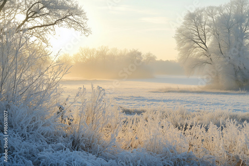 Frosty sunrise over snow-covered meadow in winter