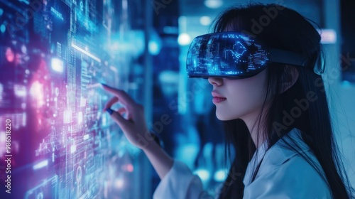 Woman in VR Headset Interacting with Data Visualization