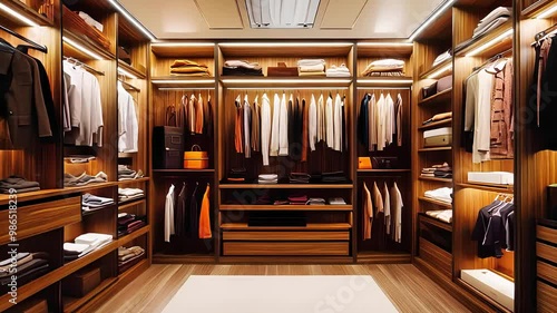  Luxurious walk-in closet with neatly arranged clothing and wooden shelves illuminated by soft lighting showcasing modern wardrobe organization