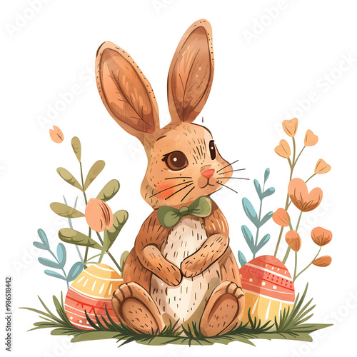 ABrown bunny with big ears sitting among colorful Easter eggs and flowers in a vibrant spring setting photo