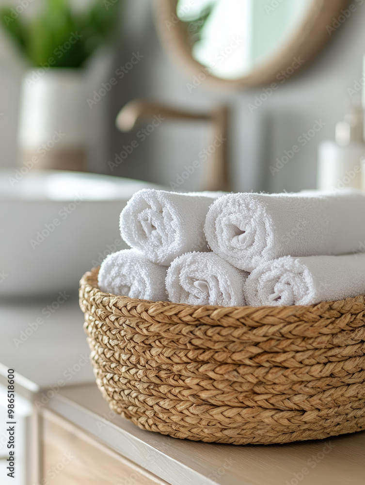 Rolled white towels in a woven basket on a bathroom counter. Rolled white towels in a woven basket on a bathroom counter.