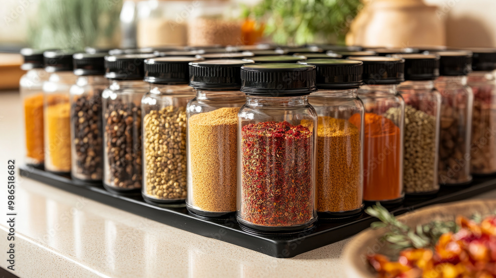 A neatly arranged set of spice jars on a kitchen countertop. A neatly arranged set of spice jars on a kitchen countertop.