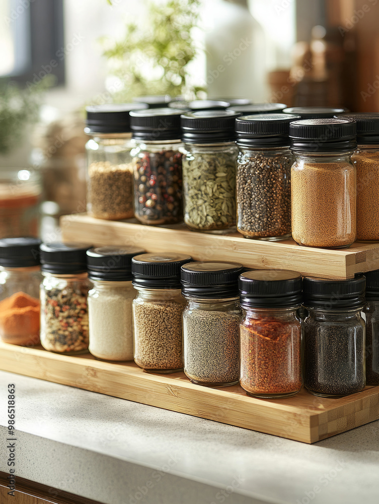 Neatly organized spice jars on a wooden shelf in a kitchen setting. Neatly organized spice jars on a wooden shelf in a kitchen setting.