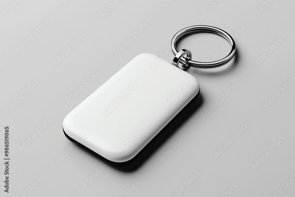 Blank White Key Chain with Silver Ring on Gray Background Blank White Key Chain with Silver Ring on Gray Background