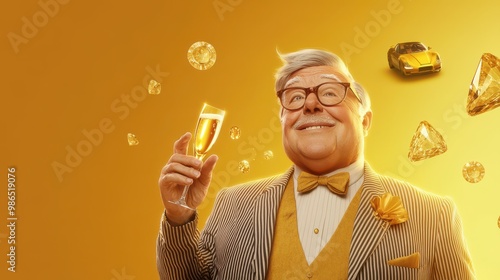 Wealthy Man Celebrating with Champagne in Golden Surroundings