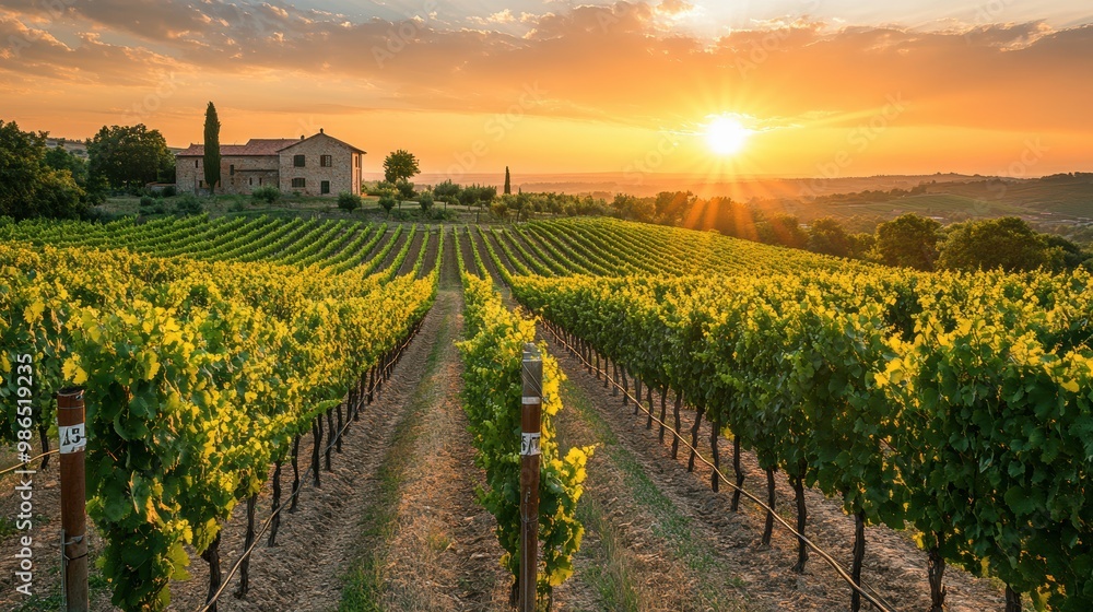 Fototapeta premium Scenic Vineyard at Sunset with Rows of Grape Vines