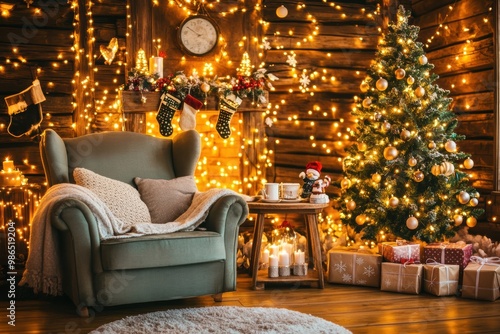 Cozy Living Room with Christmas Tree and Festive Lights photo