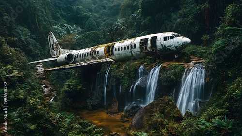 Wallpaper Mural Crashed Plane Abandoned in the Middle of the Forest Covered with Vegetation, Photo Realistic, Standard Background, Wallpaper, Cover and Screen for Smartphone, PC, Laptop, 9:16 and 16:9 Format Torontodigital.ca