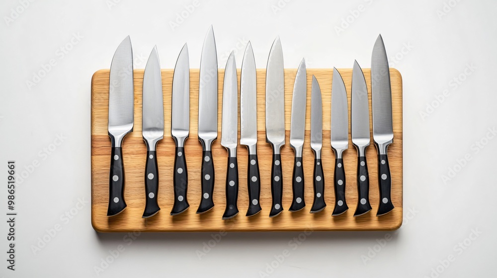 A set of stainless steel knives arranged on a wooden block, isolated on a clean white surface A set of stainless steel knives arranged on a wooden block, isolated on a clean white surface