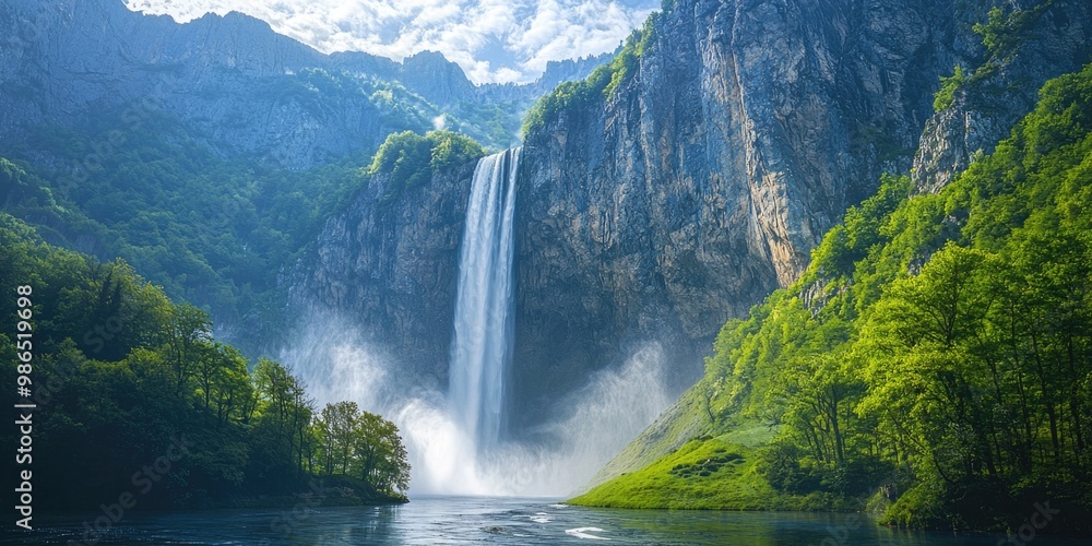 Fototapeta premium Majestic Waterfall: Crystal-clear Cascade on Towering Mountain in 4K definition