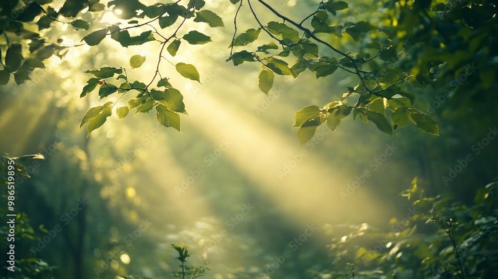 Sunbeams Through Lush Green Foliage in a Tranquil Forest Sunbeams Through Lush Green Foliage in a Tranquil Forest
