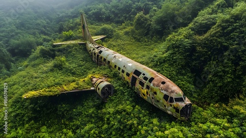 Wallpaper Mural Crashed Plane Abandoned in the Middle of the Forest Covered with Vegetation, Photo Realistic, Standard Background, Wallpaper, Cover and Screen for Smartphone, PC, Laptop, 9:16 and 16:9 Format Torontodigital.ca