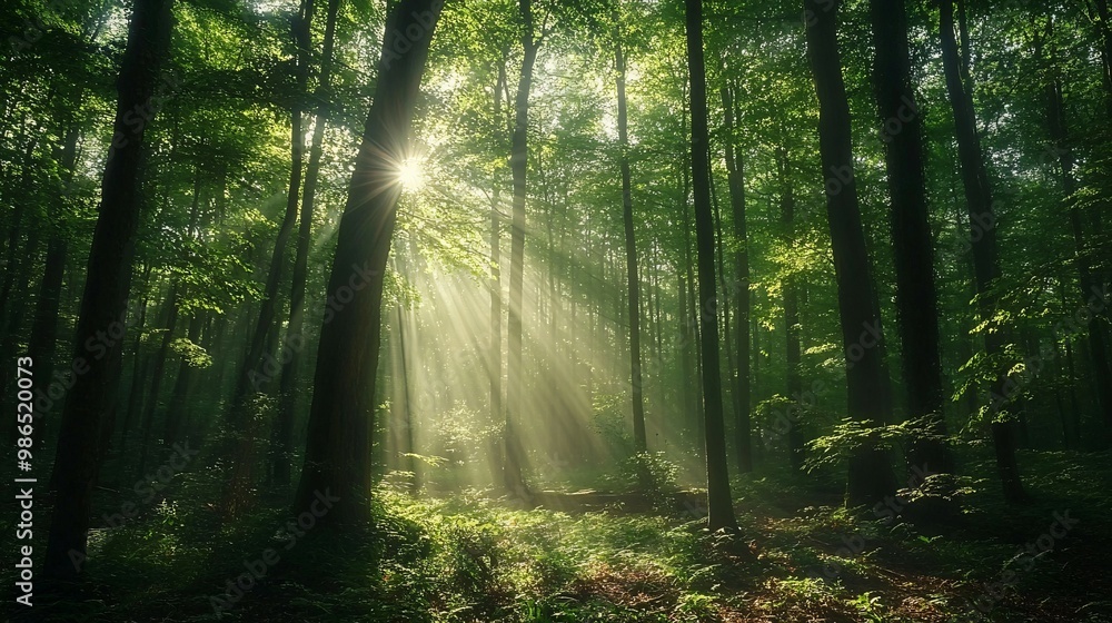 Naklejka premium Sunbeams Streaming Through a Dense Forest