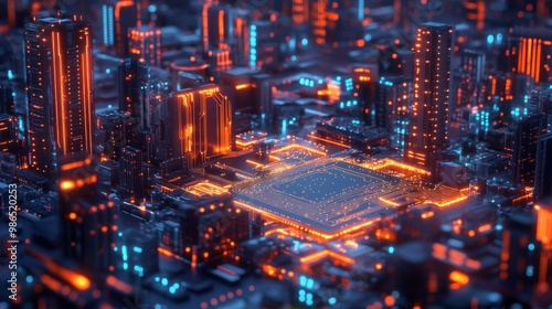 3D rendering of a futuristic city on a large circuit board