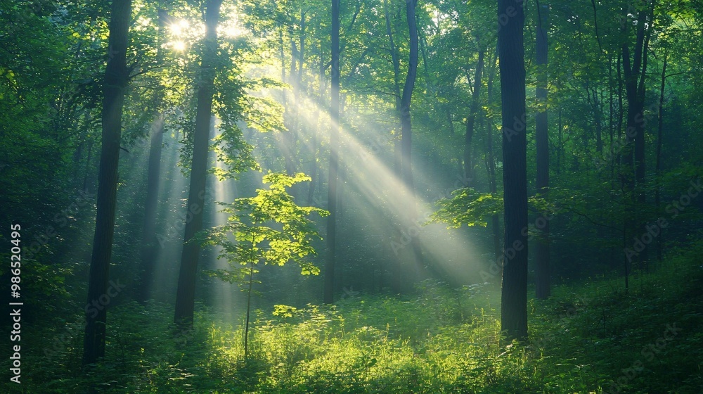 Fototapeta premium Sunbeams Filtering Through a Lush Green Forest