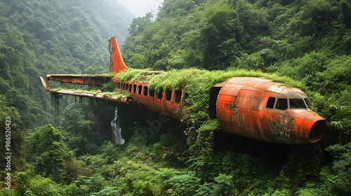 Wallpaper Mural Crashed Plane Abandoned in the Middle of the Forest Covered with Vegetation, Photo Realistic, Standard Background, Wallpaper, Cover and Screen for Smartphone, PC, Laptop, 9:16 and 16:9 Format Torontodigital.ca