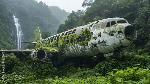 Wallpaper Mural Crashed Plane Abandoned in the Middle of the Forest Covered with Vegetation, Photo Realistic, Standard Background, Wallpaper, Cover and Screen for Smartphone, PC, Laptop, 9:16 and 16:9 Format Torontodigital.ca