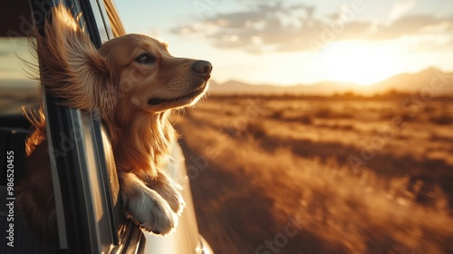 A golden retriever leans out of a car window, enjoying the warm breeze and golden sunset during a delightful road trip through open landscapes