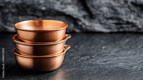 Copper measuring cups stacked neatly, isolated on a dark slate background photo