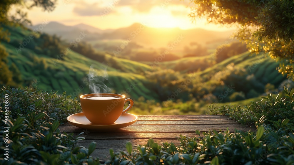 Steaming cup of tea on a wooden table, surrounded by lush green tea leaves with a serene view of tea plantations at sunrise, peaceful countryside atmosphere Steaming cup of tea on a wooden table, surrounded by lush green tea leaves with a serene view of tea plantations at sunrise, peaceful countryside atmosphere