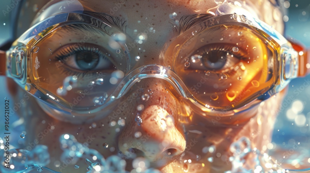 A young swimmer enjoying a close-up view underwater with goggles and bubbles in a vibrant pool setting during the day A young swimmer enjoying a close-up view underwater with goggles and bubbles in a vibrant pool setting during the day
