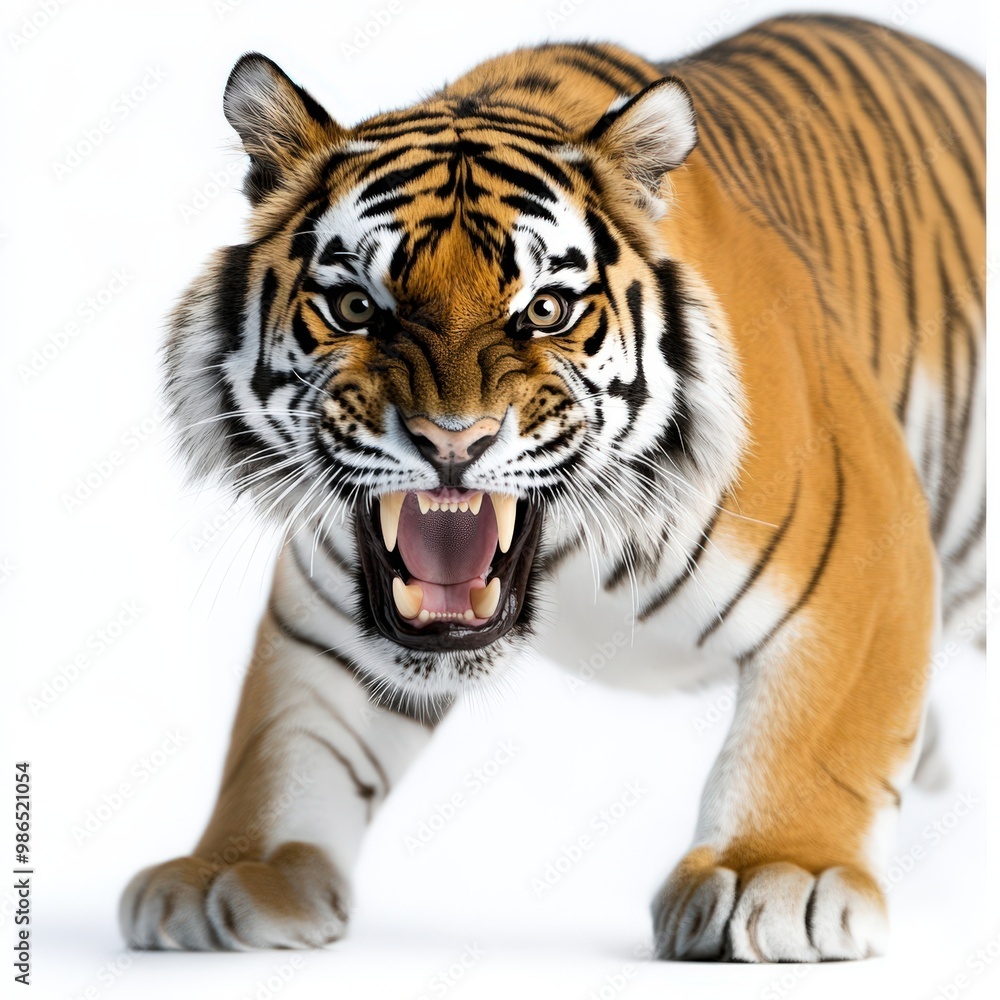 Obraz premium A fierce tiger exhibiting its powerful presence, showcasing vibrant fur and an intense expression, perfect for wildlife themes.