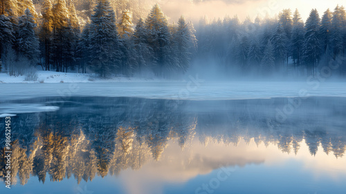 Misty forest reflection on calm winter lake at sunrise