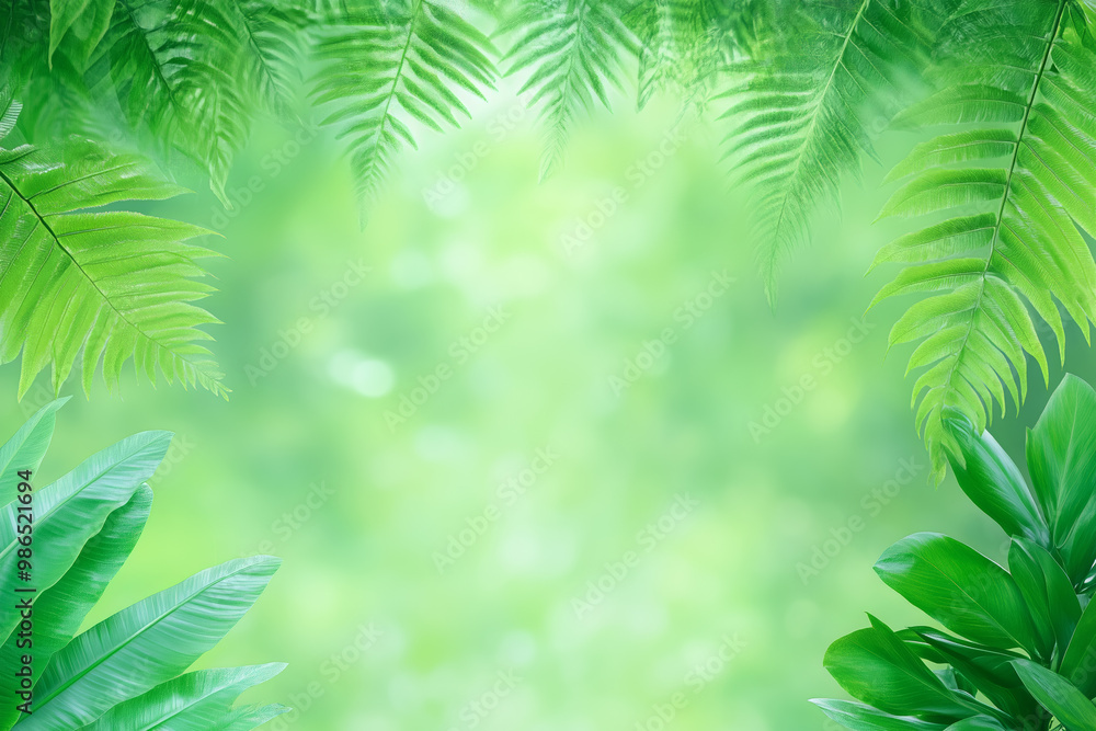 Lush green ferns and foliage frame a tranquil forest background on a sunny day in spring Lush green ferns and foliage frame a tranquil forest background on a sunny day in spring