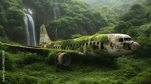 Wallpaper Mural Crashed Plane Abandoned in the Middle of the Forest Covered with Vegetation, Photo Realistic, Standard Background, Wallpaper, Cover and Screen for Smartphone, PC, Laptop, 9:16 and 16:9 Format Torontodigital.ca