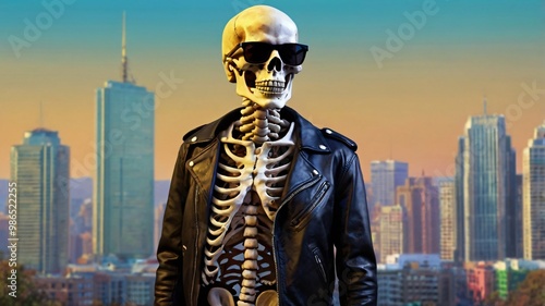 A skeleton wearing sunglasses and a leather jacket, posing in front of a colorful cityscape