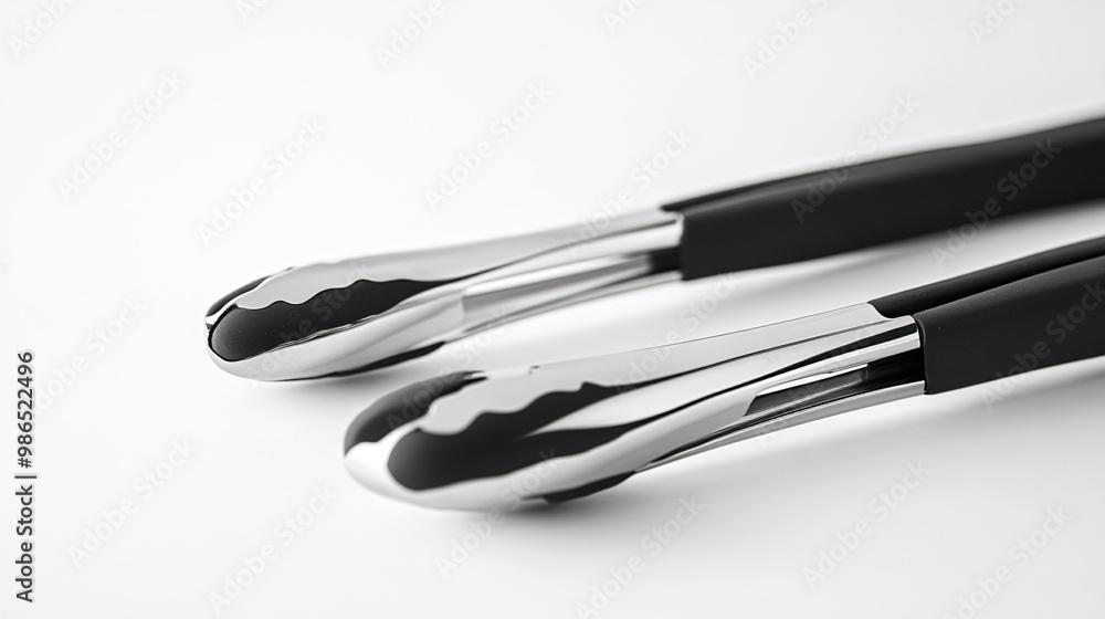 Stainless steel tongs with rubber handles, isolated on a plain white surface Stainless steel tongs with rubber handles, isolated on a plain white surface