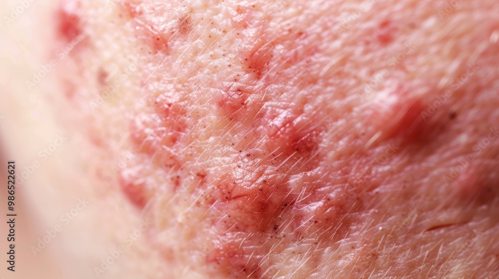 Close-up image of a person's skin showing red bumps and blemishes, a common symptom of various skin conditions. Close-up image of a person's skin showing red bumps and blemishes, a common symptom of various skin conditions.