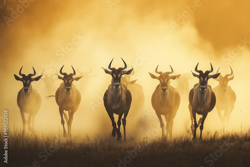 Herd of antelopes running towards camera in misty grassland at sunrise.