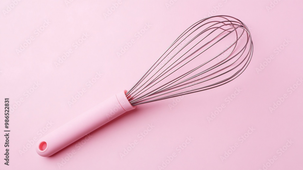 Whisk with a silicone handle, isolated on a light pastel pink background Whisk with a silicone handle, isolated on a light pastel pink background