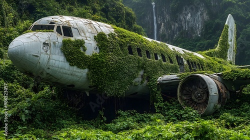 Wallpaper Mural Crashed Plane Abandoned in the Middle of the Forest Covered with Vegetation, Photo Realistic, Standard Background, Wallpaper, Cover and Screen for Smartphone, PC, Laptop, 9:16 and 16:9 Format Torontodigital.ca