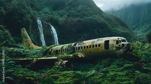 Wallpaper Mural Crashed Plane Abandoned in the Middle of the Forest Covered with Vegetation, Photo Realistic, Standard Background, Wallpaper, Cover and Screen for Smartphone, PC, Laptop, 9:16 and 16:9 Format Torontodigital.ca