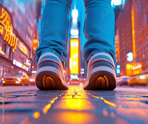 Urban evening stroll through a lively city street filled with vibrant lights and bustling traffic photo