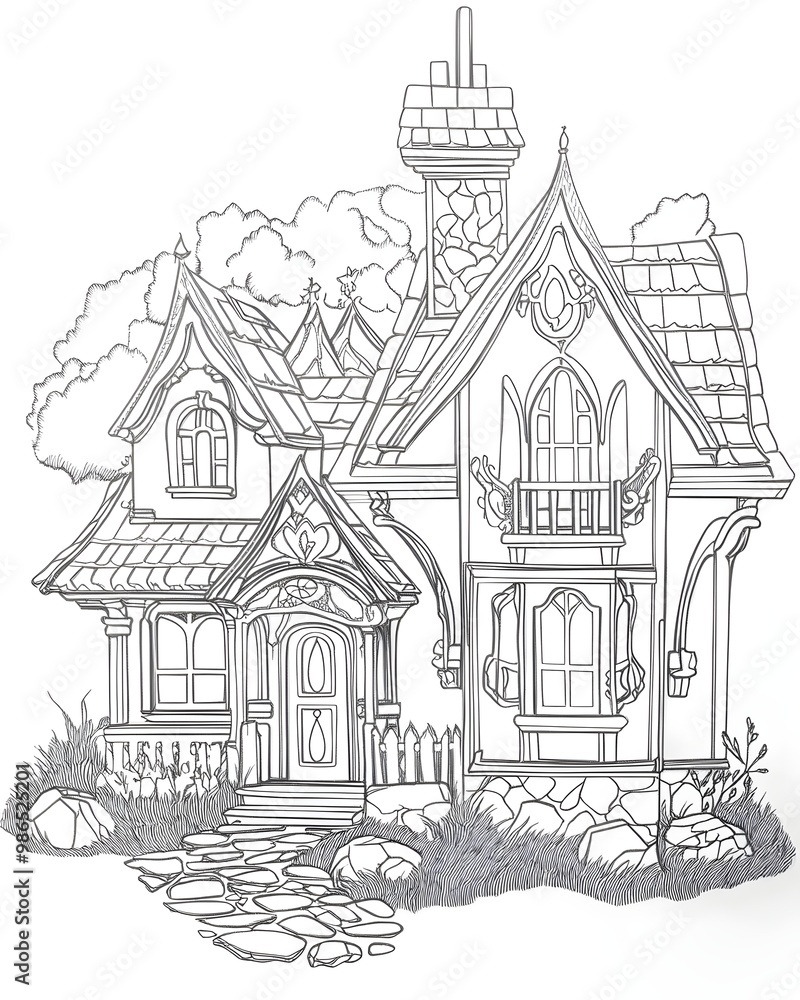 A charming black and white illustration of a fairytale cottage with a stone pathway leading to the front door. The intricate details and whimsical design create a sense of magic and wonder. A charming black and white illustration of a fairytale cottage with a stone pathway leading to the front door. The intricate details and whimsical design create a sense of magic and wonder.