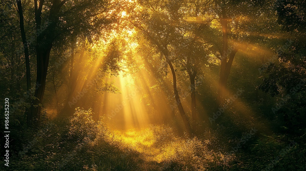 Obraz premium Golden Sunlight Streaming Through Trees in a Forest